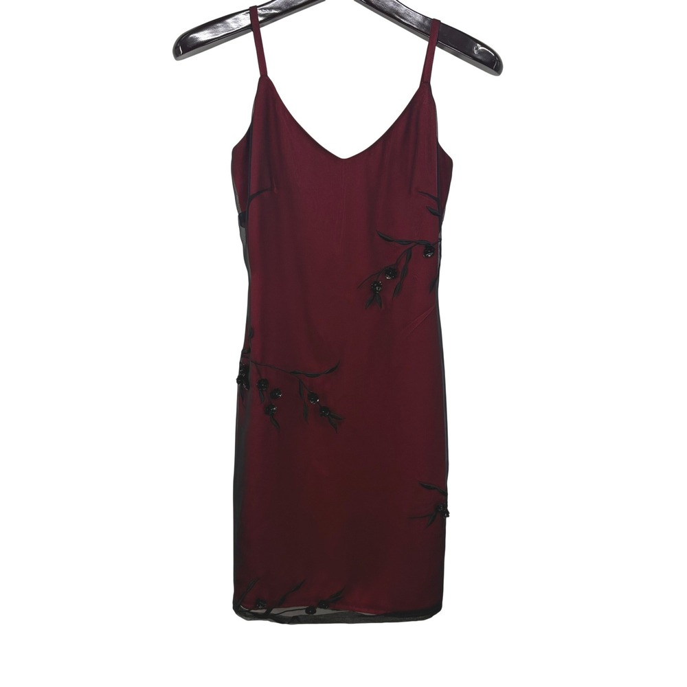 Vintage Y2K Red Satin Whimsigoth Black Mesh Overlay Floral Beaded Mini Dress S